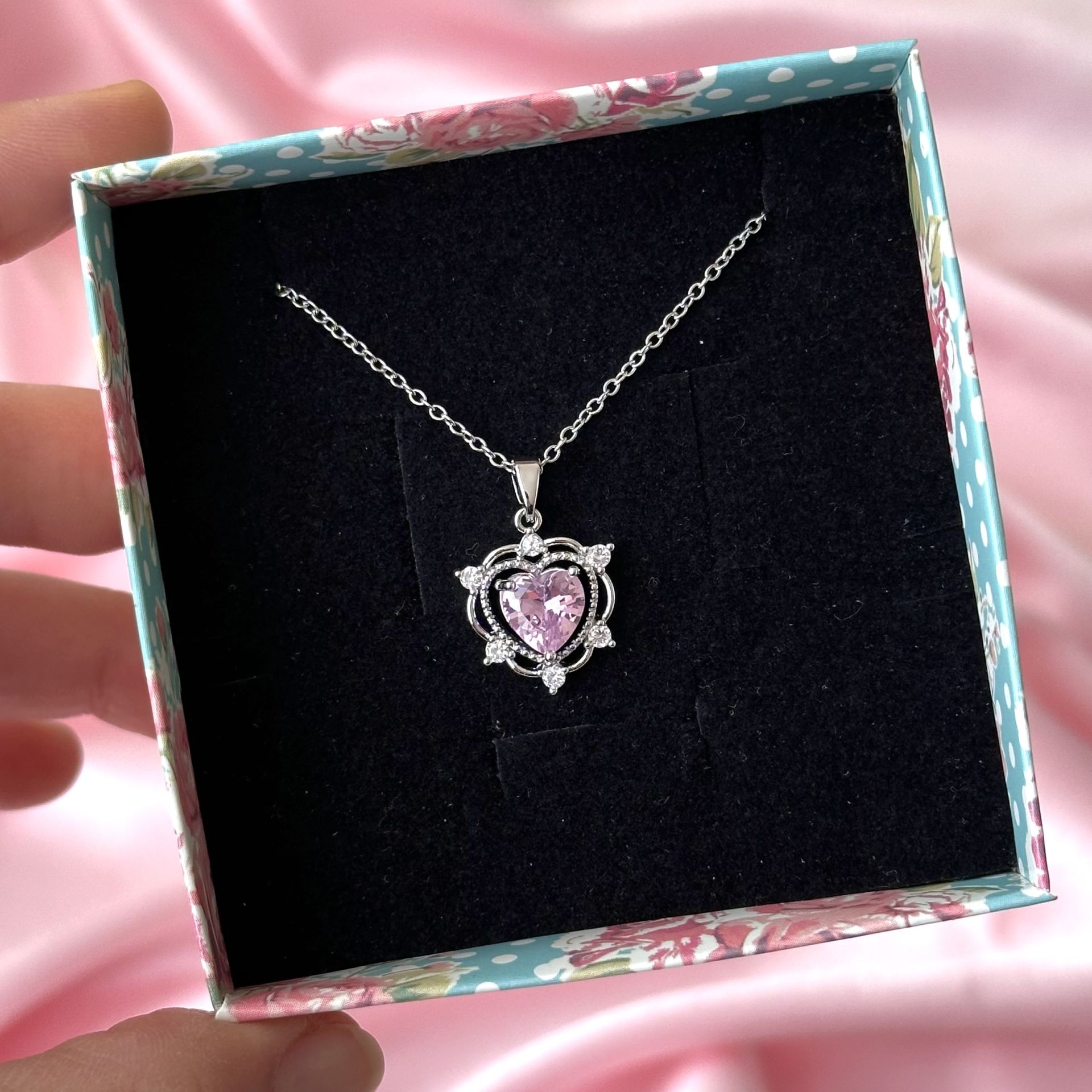 Love Heart Kolye Gümüş Pembe Taşlı