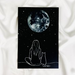 Moon Oturan Kız Ahşap Tablo