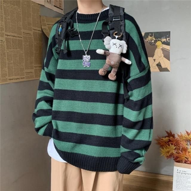 Çizgili Oversize Unisex Kazak Yeşil Siyah