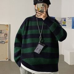 Çizgili Oversize Unisex Kazak Yeşil Siyah