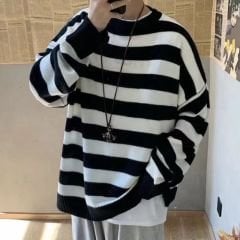 Çizgili Oversize Unisex Kazak Siyah Beyaz