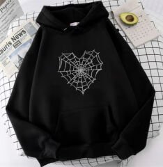 Heart Web Baskılı Oversize Unisex Kapüşonlu Sweatshirt
