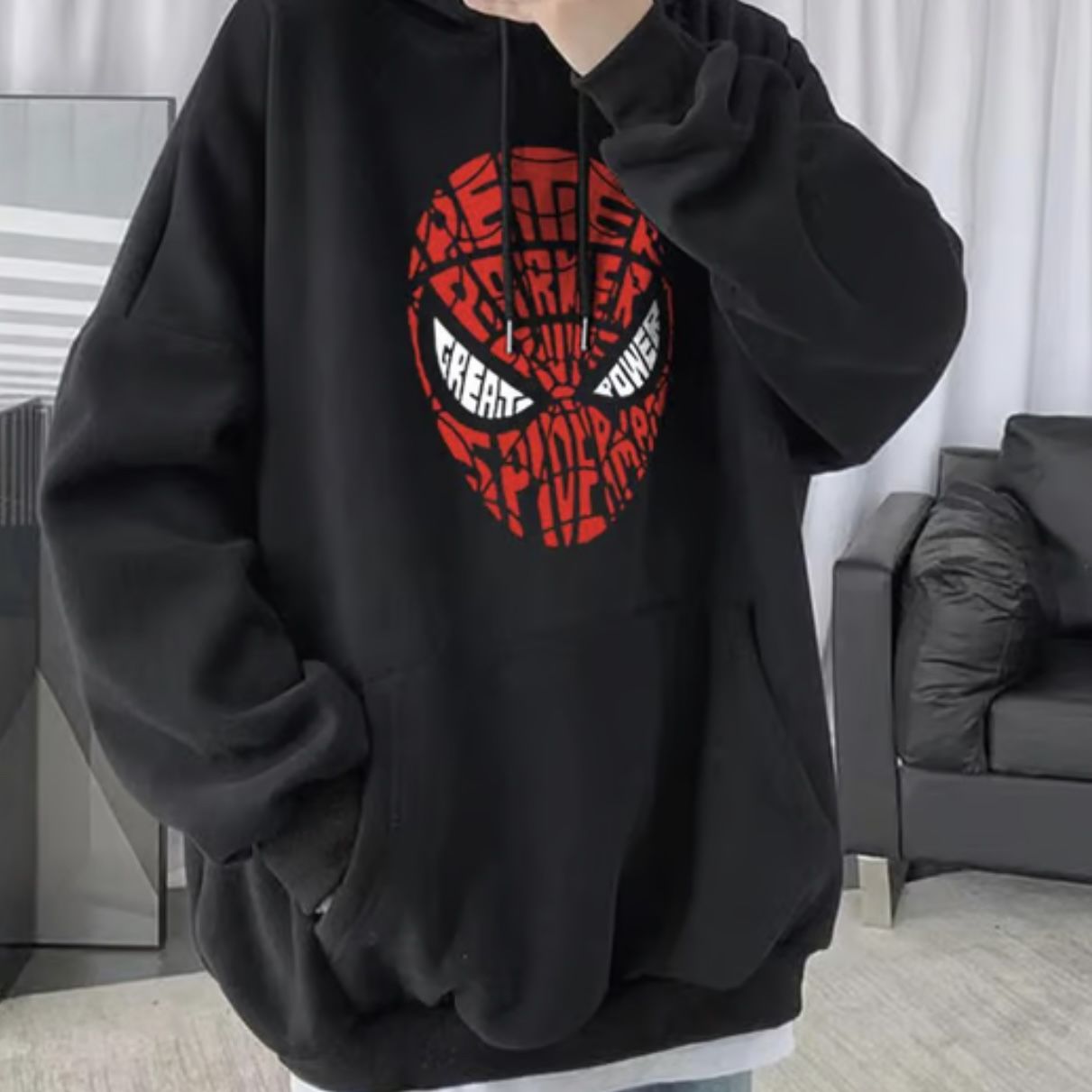 Spiderman Baskılı Oversize Unisex Kapüşonlu Sweatshirt