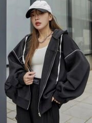 Zip Detay Oversize Fermuarlı Siyah Unisex Kapüşonlu Hırka