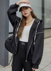 Zip Detay Oversize Fermuarlı Siyah Unisex Kapüşonlu Hırka