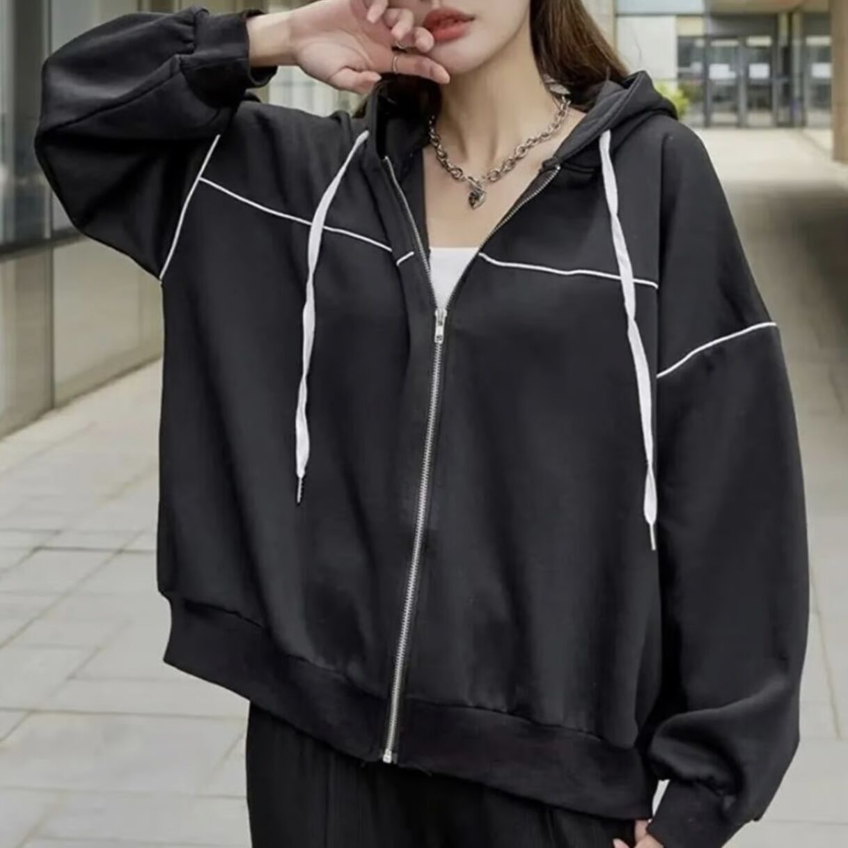 Zip Detay Oversize Fermuarlı Siyah Unisex Kapüşonlu Hırka