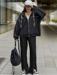 Zip Detay Oversize Fermuarlı Siyah Unisex Kapüşonlu Hırka