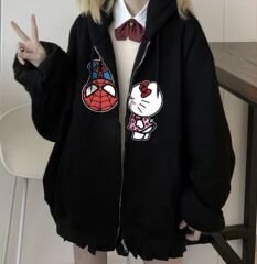 Spiderman - Hello Kitty Baskılı Baskılı Oversize Fermuarlı Siyah Unisex Kapüşonlu Hırka