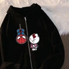 Spiderman - Hello Kitty Baskılı Baskılı Oversize Fermuarlı Siyah Unisex Kapüşonlu Hırka