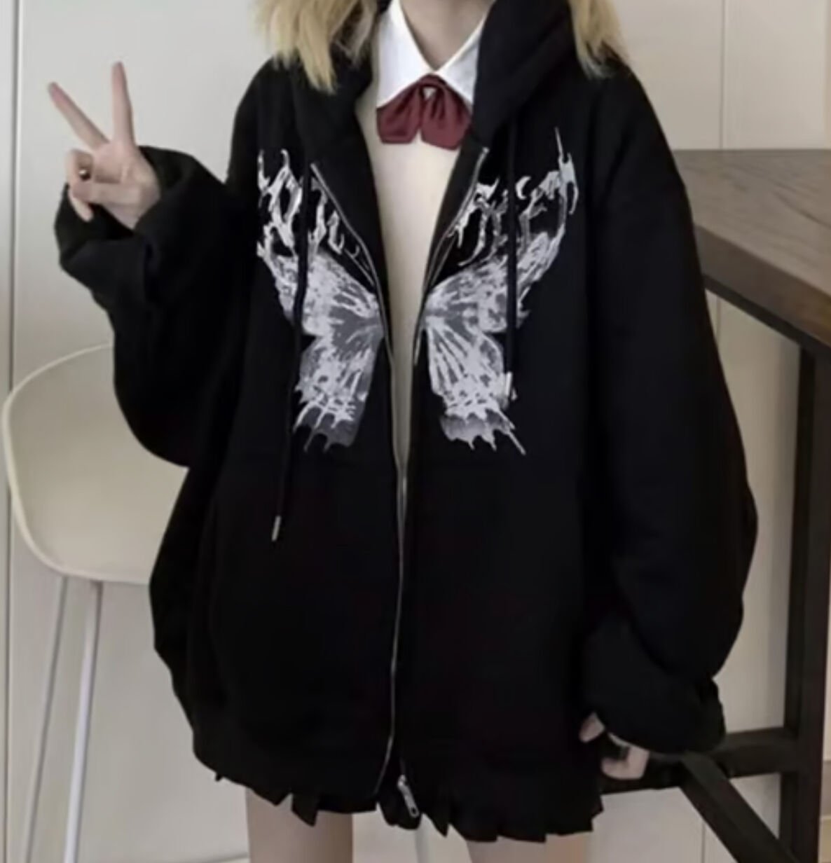 Butterfly Kelebek Baskılı Oversize Fermuarlı Siyah Unisex Kapüşonlu Hırka
