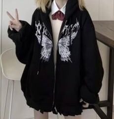 Butterfly Kelebek Baskılı Oversize Fermuarlı Siyah Unisex Kapüşonlu Hırka