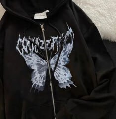 Butterfly Kelebek Baskılı Oversize Fermuarlı Siyah Unisex Kapüşonlu Hırka
