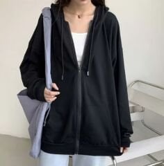 Düz Oversize Siyah Unisex Kapşonlu Hırka