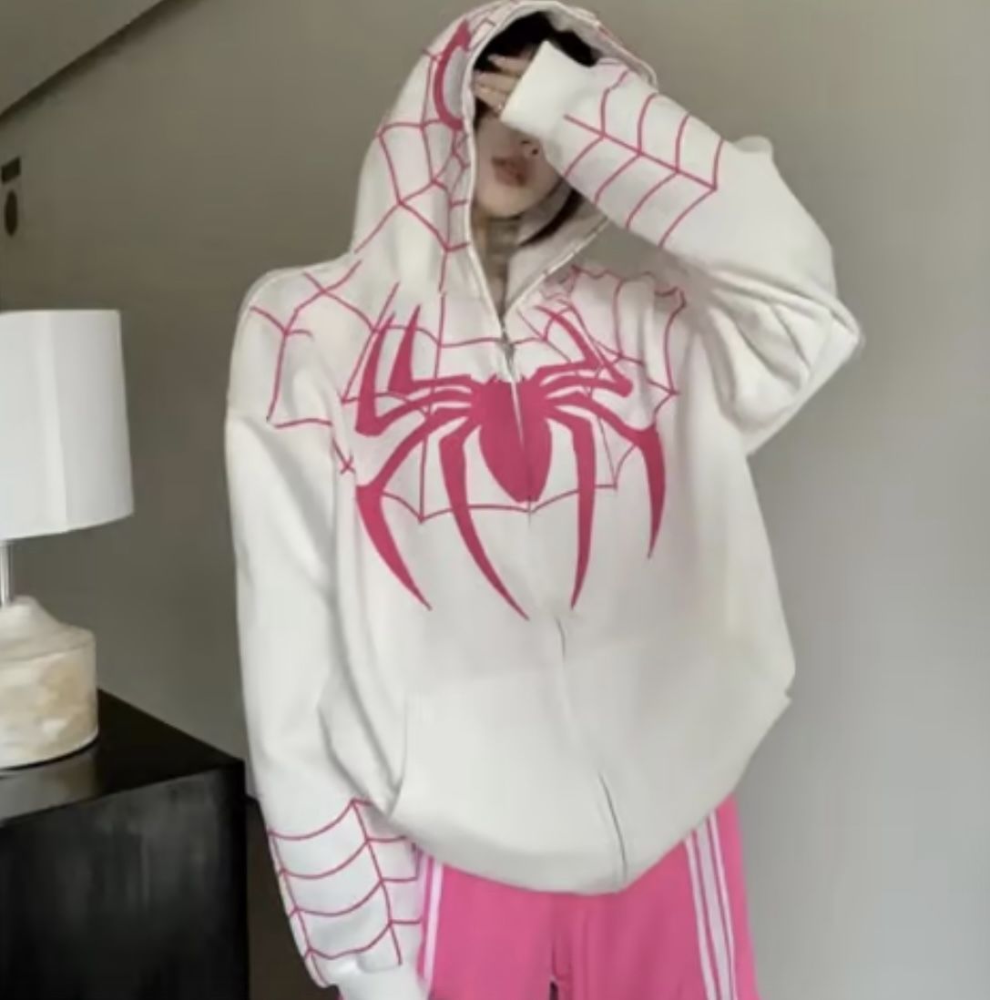 Spider Web Oversize Fermuarlı Beyaz Unisex Kapüşonlu Hırka