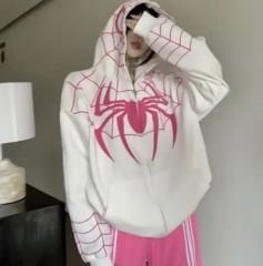 Spider Web Oversize Fermuarlı Beyaz Unisex Kapüşonlu Hırka