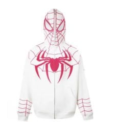 Spider Web Oversize Fermuarlı Beyaz Unisex Kapüşonlu Hırka