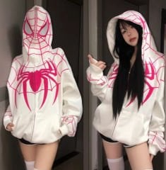Spider Web Oversize Fermuarlı Beyaz Unisex Kapüşonlu Hırka