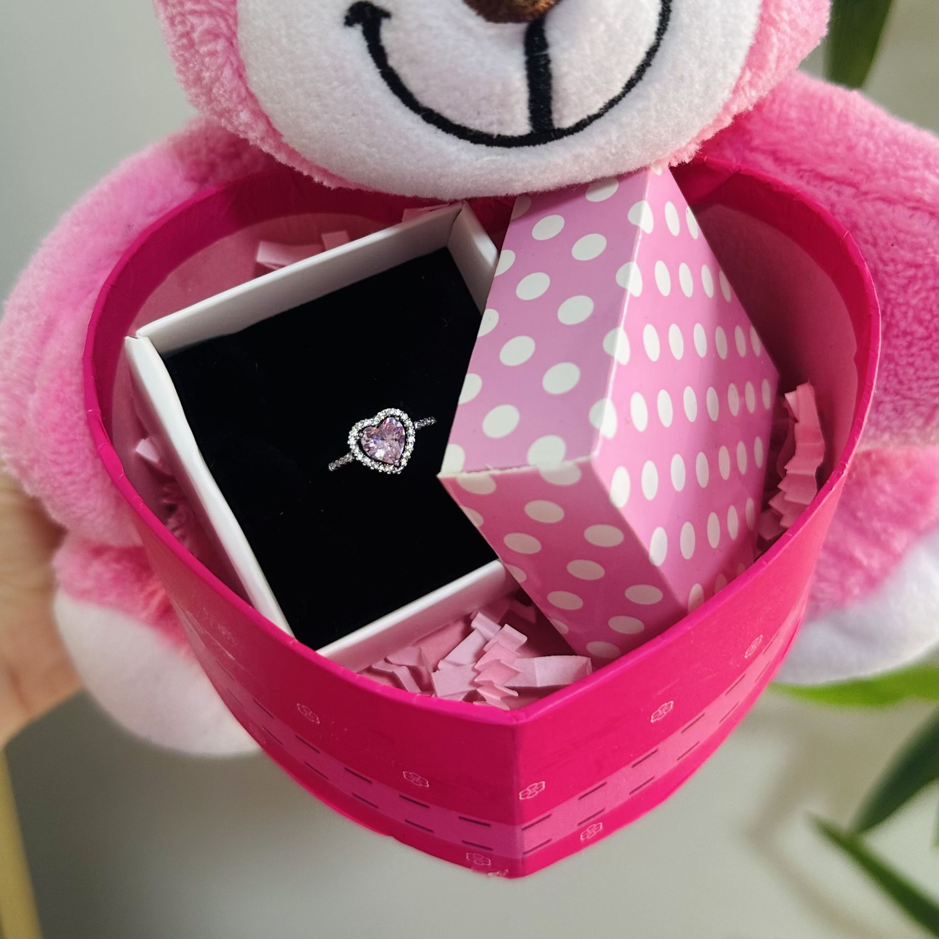 Peluş Ayıcık Kalp Kutulu Pandora Yüzük