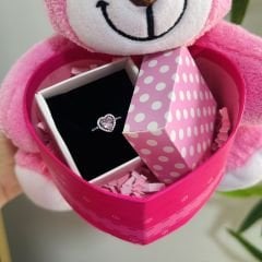 Peluş Ayıcık Kalp Kutulu Pandora Yüzük