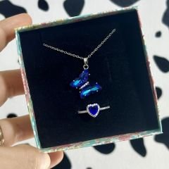 Mavi Kelebek Kolye Pandora Kalp Yüzük Set