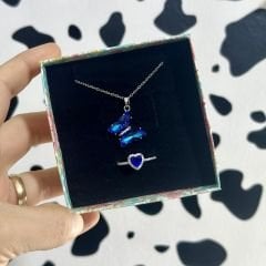 Mavi Kelebek Kolye Pandora Kalp Yüzük Set