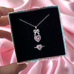 Coquette Stil Kalp Kolye Yüzük Set Gümüş Pembe