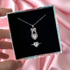 Coquette Stil Kalp Kolye Yüzük Set Gümüş Beyaz