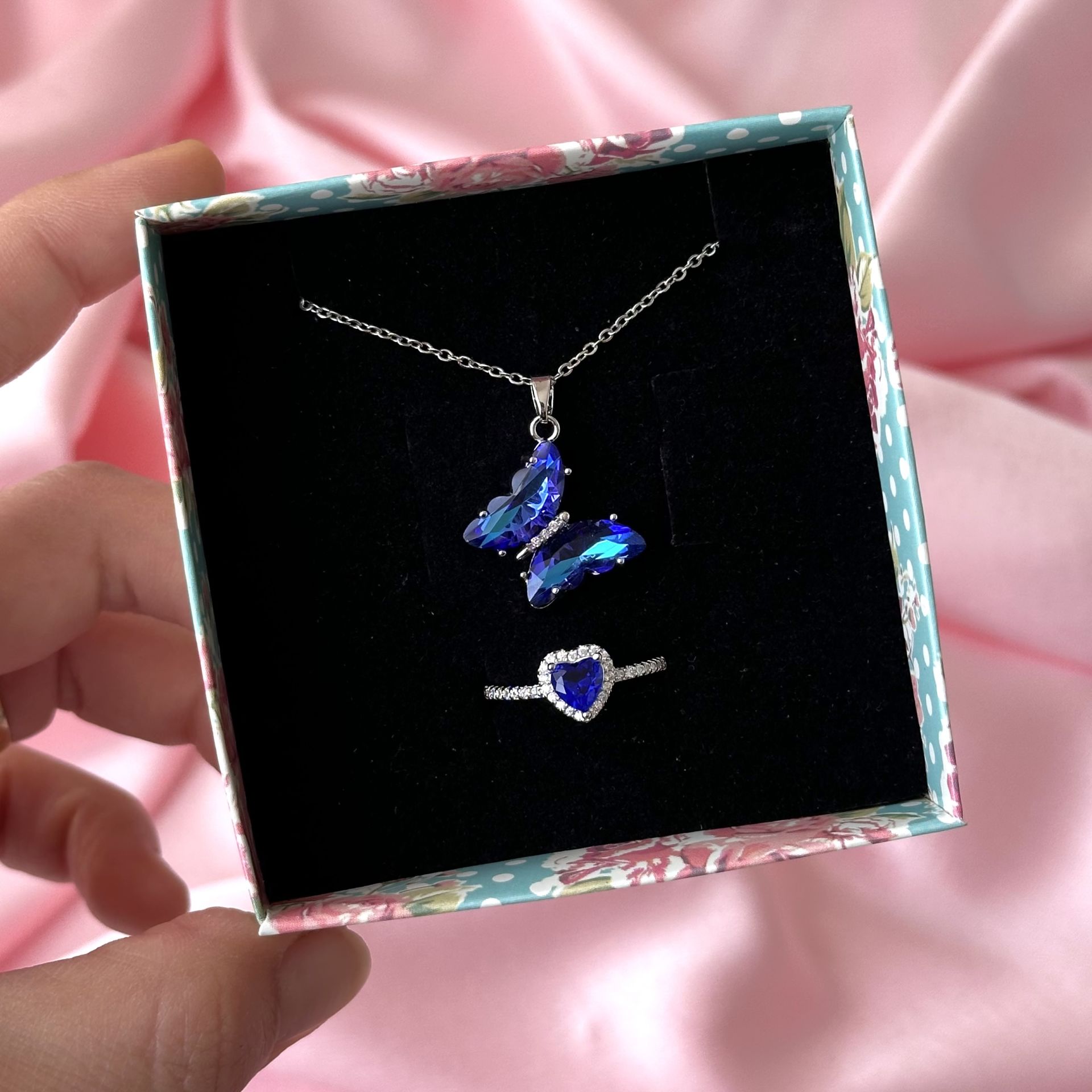 Kelebek Kolye Pandora Yüzük Set Gümüş Mavi