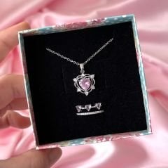 Love Heart Kolye Yüzük Set Gümüş Pembe