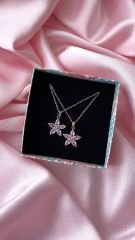 Pembe Taşlı Lotus Çiçeği Kolye Gold