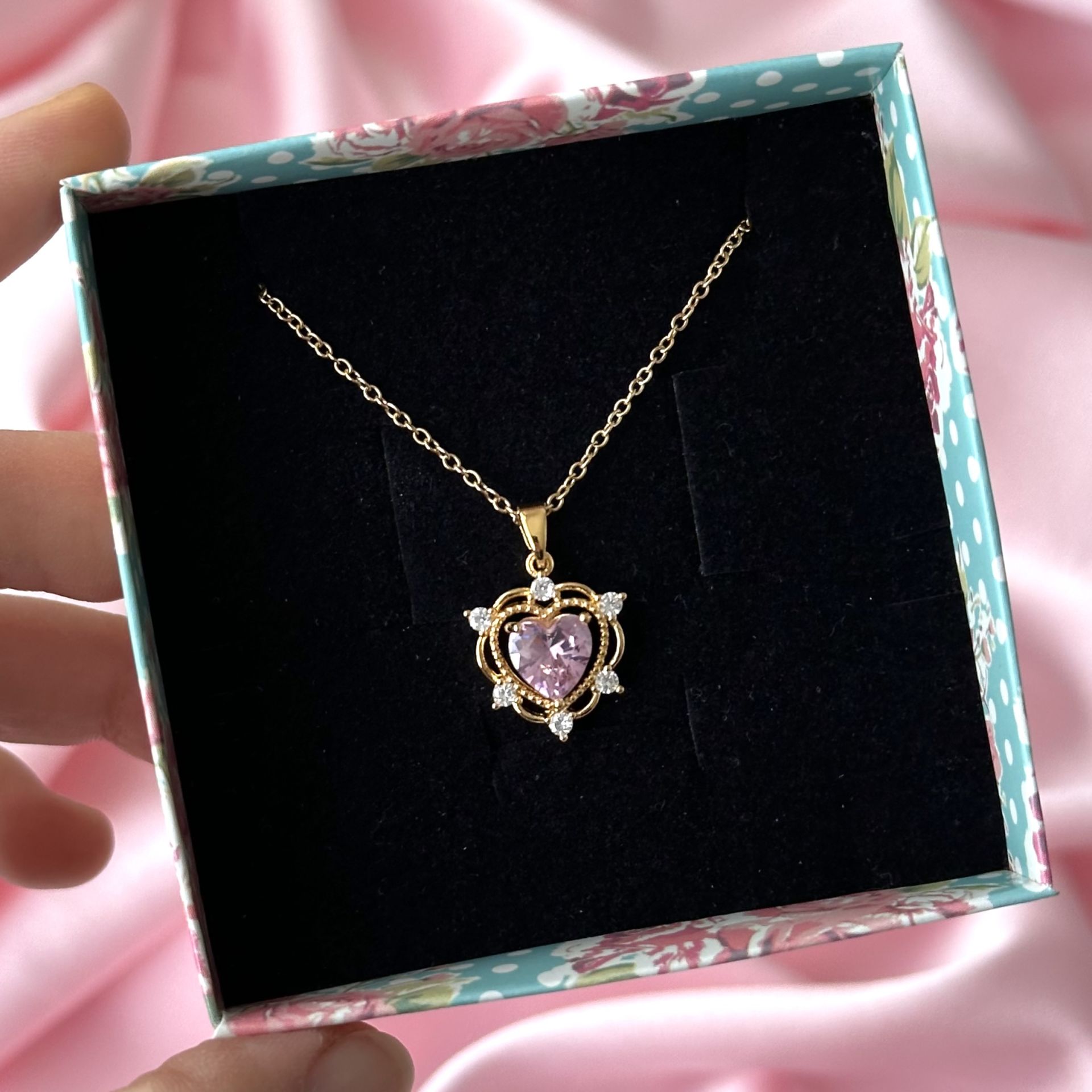 Love Heart Kolye Gold Pembe Taşlı