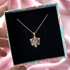Love Heart Kolye Gold Pembe Taşlı