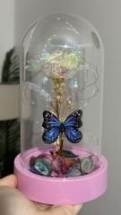 Hologram Gül Kelebek Detay Led Işıklı Cam Fanus