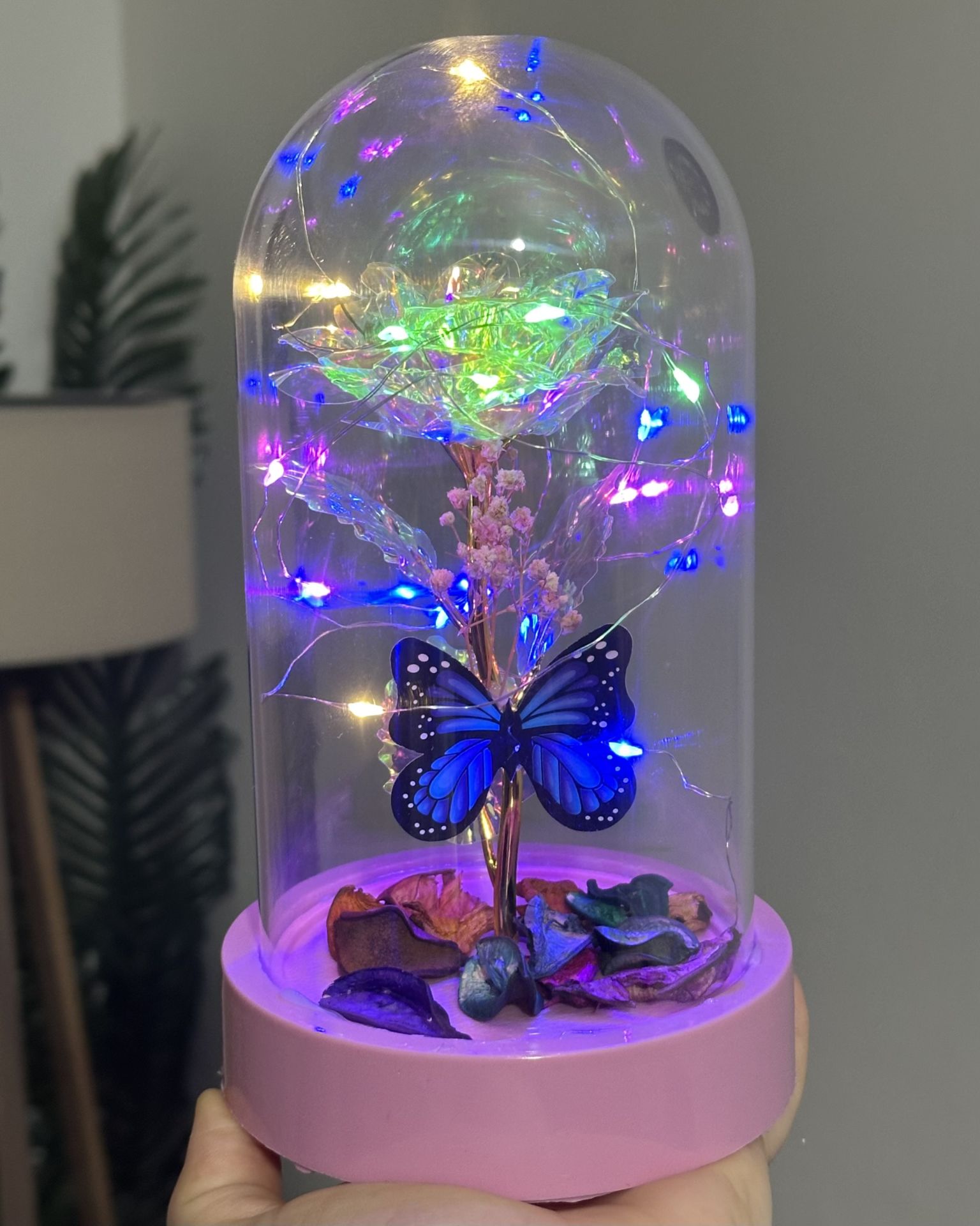 Hologram Gül Kelebek Detay Led Işıklı Cam Fanus