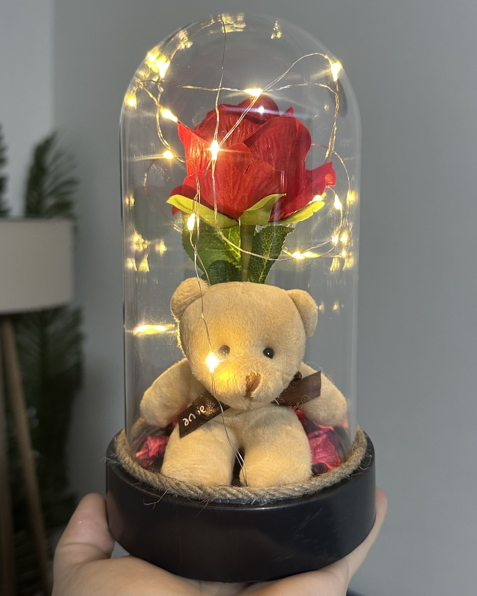 Ayıcıklı Led Işıklı Gül Fanus