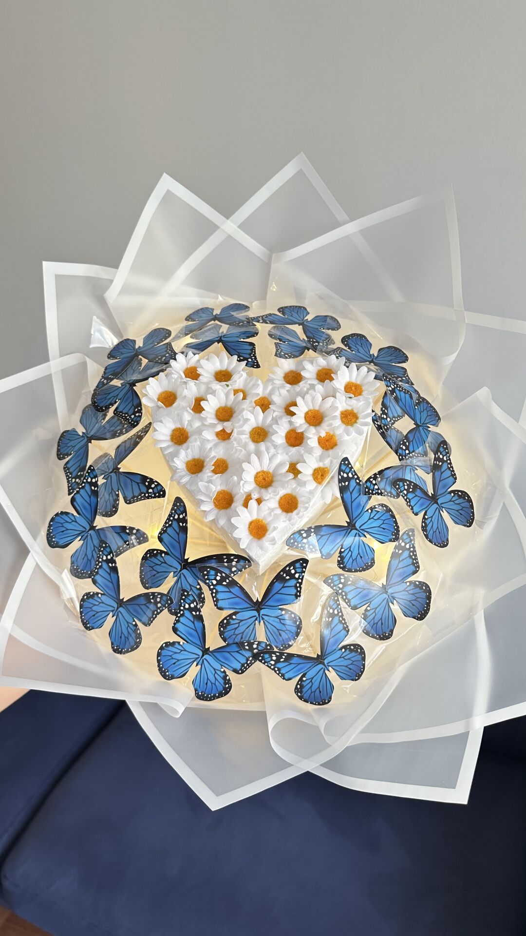 Led Işıklı Papatyalı Mavi Kelebek Buketi