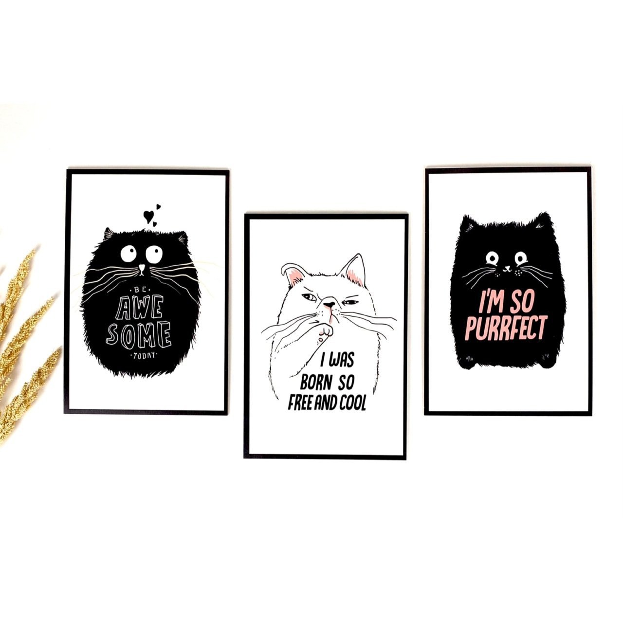 Kara Kedi Tasarımlı Ahşap Duvar Panosu 3’lü