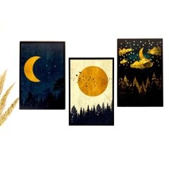 Moon Retro Tasarımlı Ahşap Duvar Panosu 3’lü