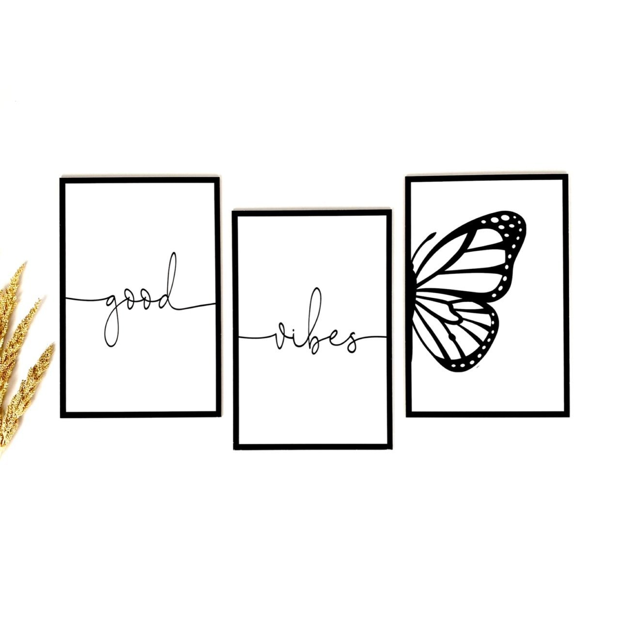 Good Vibes Motto Tasarımlı Ahşap Duvar Panosu 3’lü